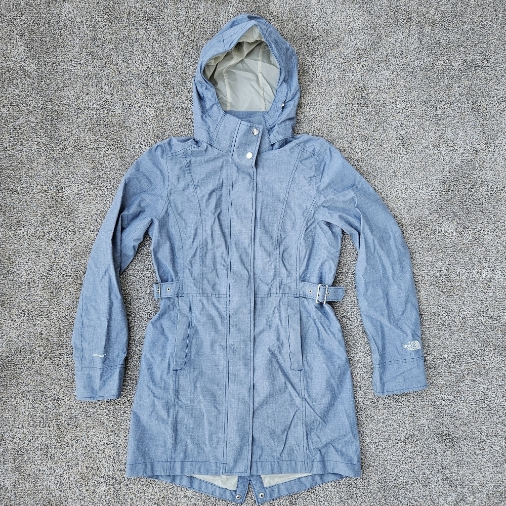North Face Laney Trench Raincoat Light Blue Gray Long Jacket Womens Size Small